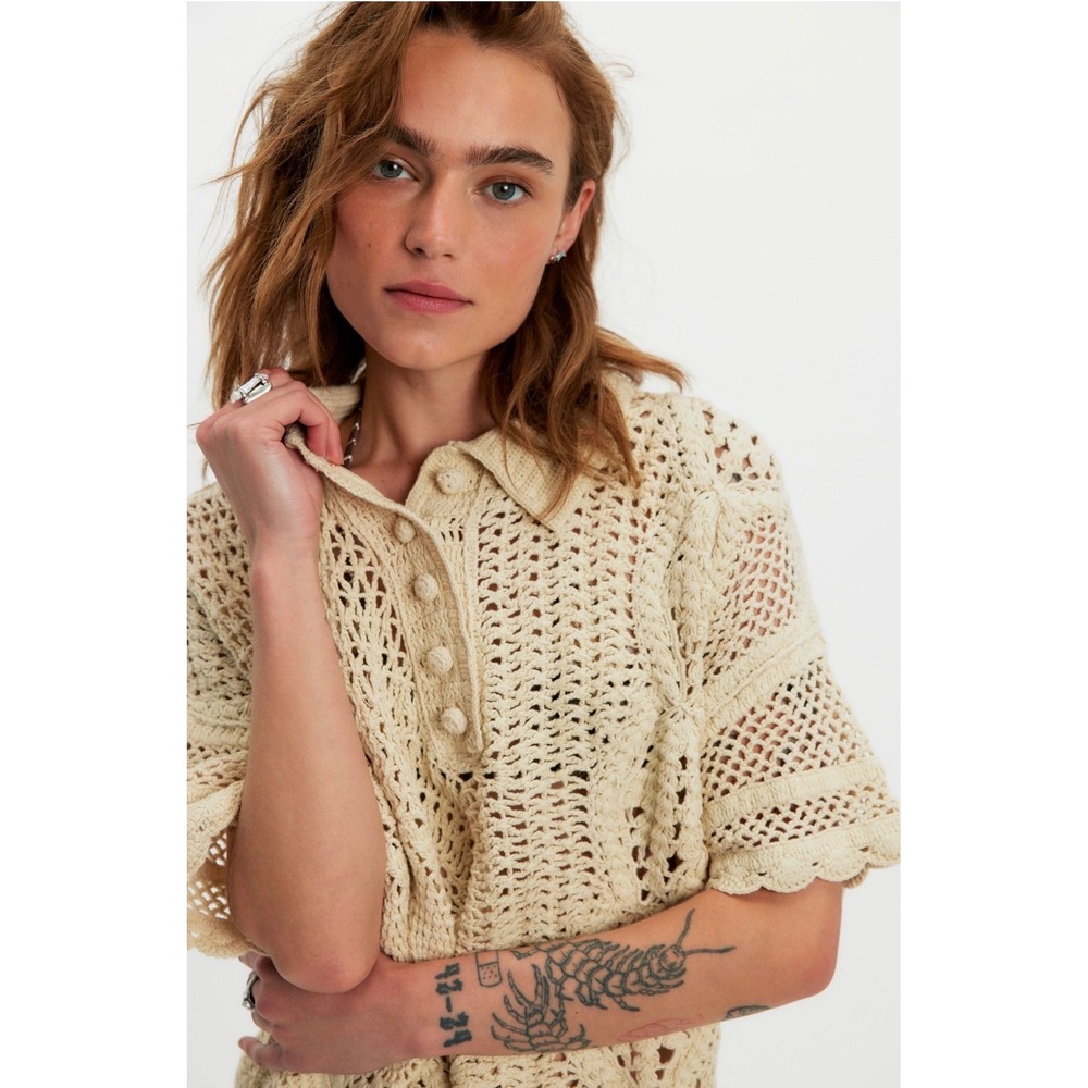 Free People We The Free Dahlia Crochet Cotton Polo Cream Floral Knit XS